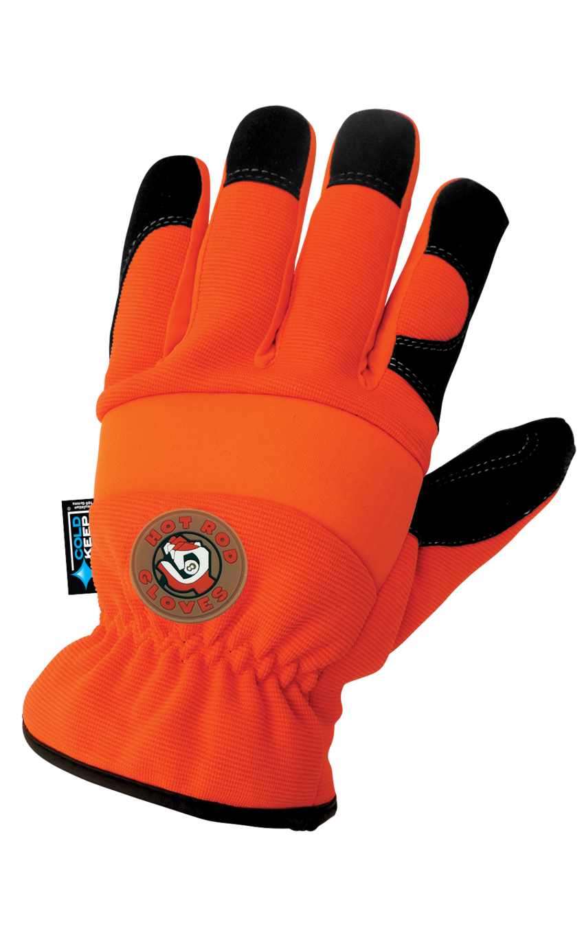 Hot Rod Gloves® High-Visibility Orange, Low Temperature, Insulated, Waterproof, Synthetic Leather Palm Performance Gloves with a Spandex Back