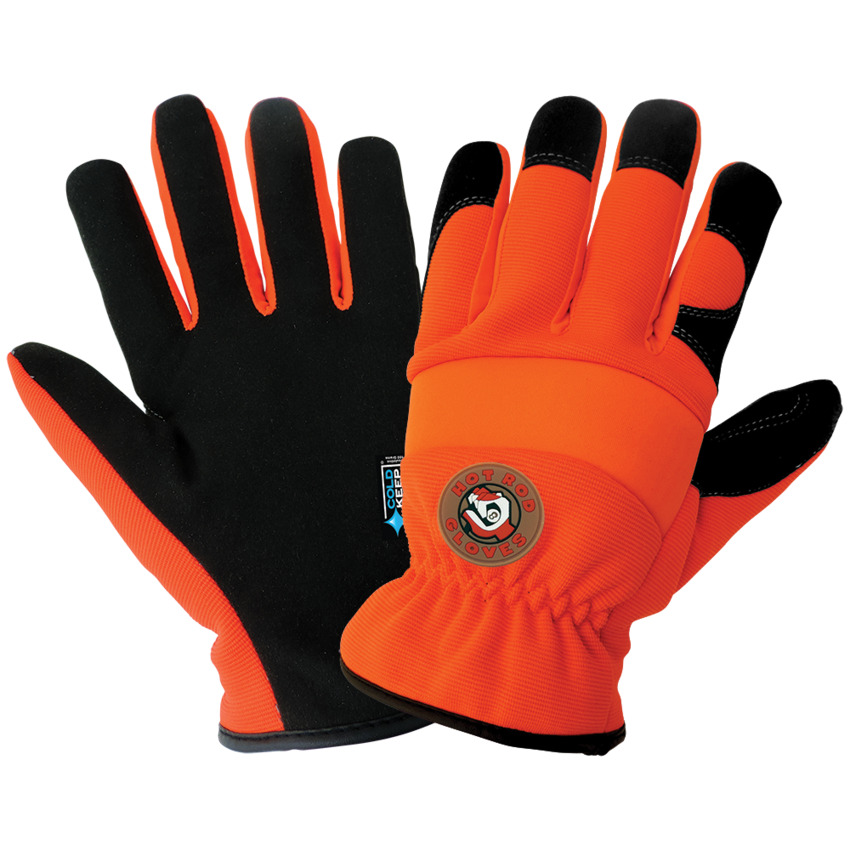 Hot Rod Gloves® High-Visibility Orange, Low Temperature, Insulated, Waterproof, Synthetic Leather Palm Performance Gloves with a Spandex Back