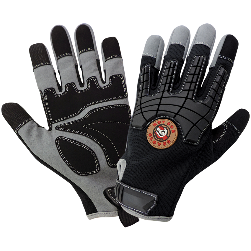 Hot Rod Gloves® Premium Synthetic Leather Palm Performance Mechanics Style Gloves with Impact Protection and a Mesh Back