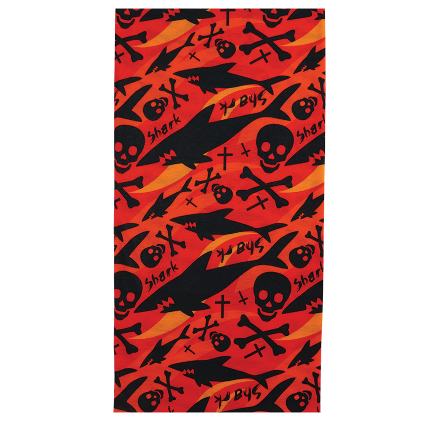 FrogWear™ Multi-Function Neck Gaiter, Orange and Black Shark and Cross Bones Design