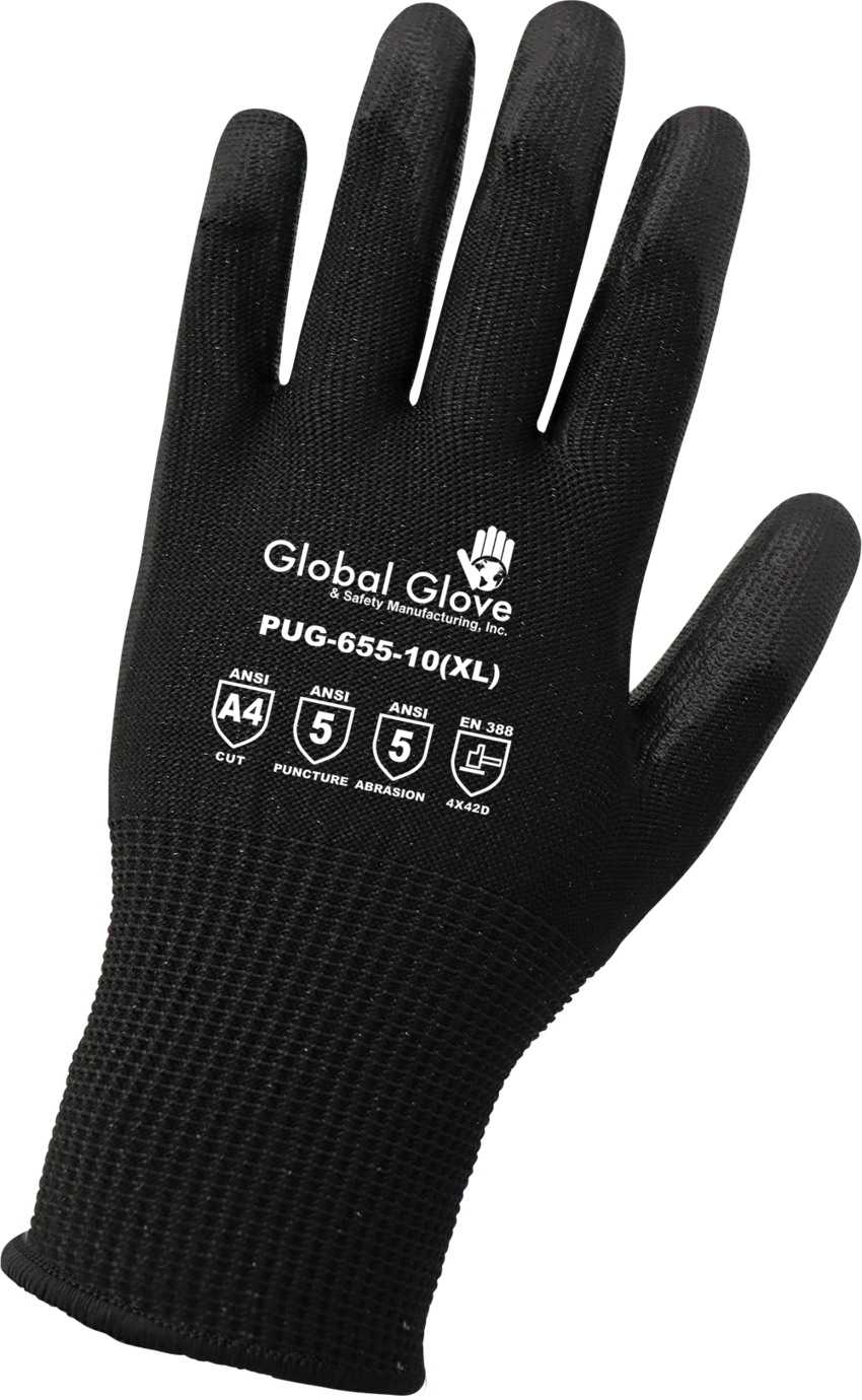 Smooth Polyurethane-Coated Black Seamless HPPE Cut, Abrasion, and Puncture Resistant Gloves