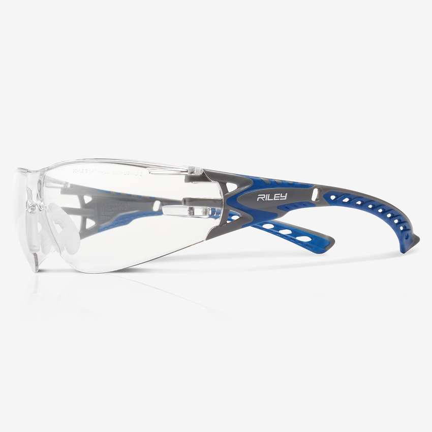 Stream Evo&trade; Clear Anti-Fog Lens, Gray and Blue Frame Safety Glasses