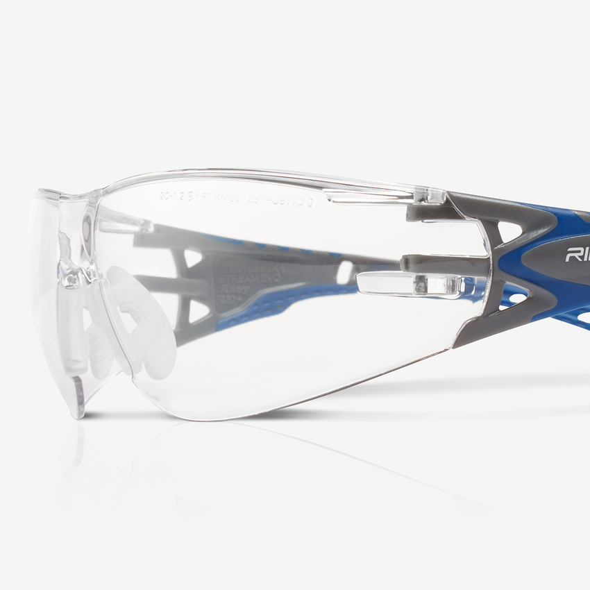 Stream Evo&trade; Clear Anti-Fog Lens, Gray and Blue Frame Safety Glasses