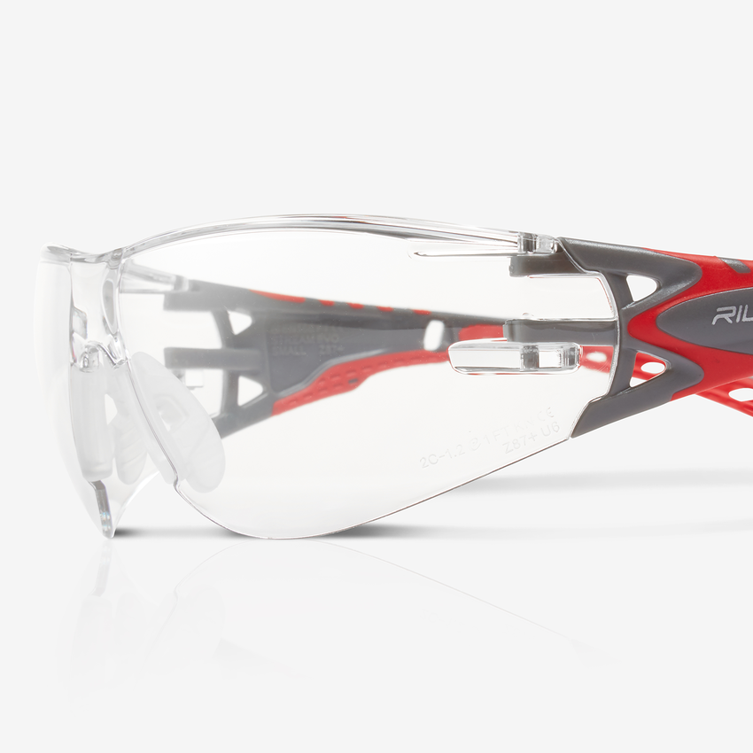 Stream Evo&trade; Small Clear Anti-Fog Lens, Gray and Red Frame Safety Glasses