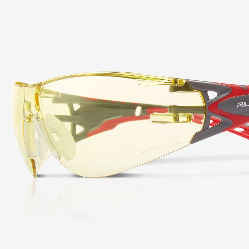 Stream Evo&trade; Small Amber Anti-Fog Lens, Gray and Red Frame Safety Glasses