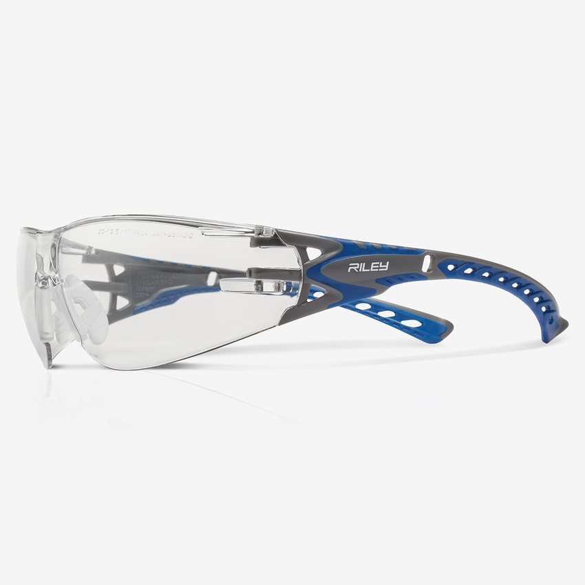 Stream Evo&trade; Eco Indoor/Outdoor Anti-Fog Lens, Gray and Blue Frame Safety Glasses