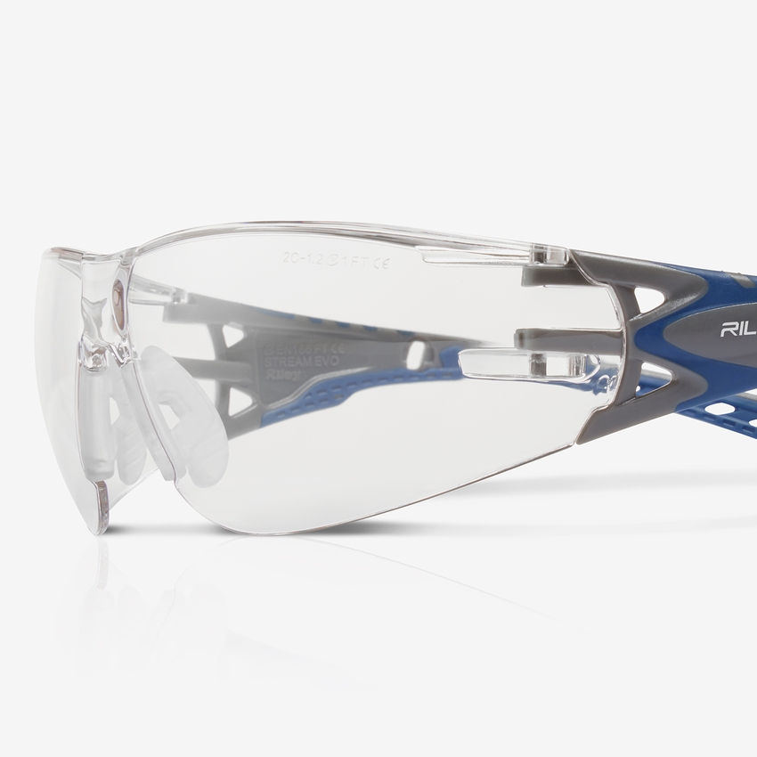 Stream Evo&trade; Eco Indoor/Outdoor Anti-Fog Lens, Gray and Blue Frame Safety Glasses
