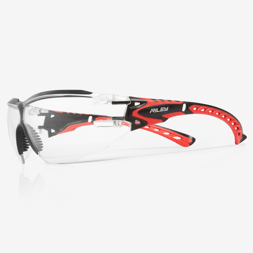 Sparta&trade; (Eco) Clear Anti-Fog Lens, Black and Red Frame Safety Glasses