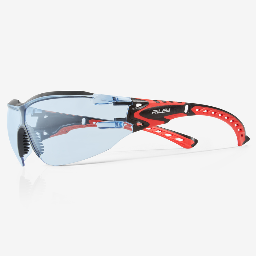Sparta&trade; (Eco) Blue Anti-Fog Lens, Black and Red Frame Safety Glasses