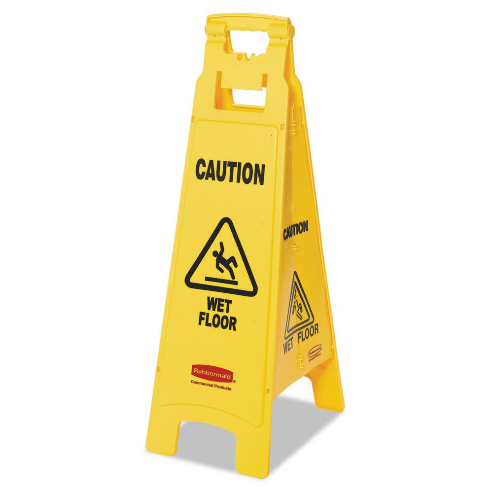 38 Inch Caution Wet Floor Floor Sign, 4-Sided, Plastic, 12 x 16 x 38, Yellow