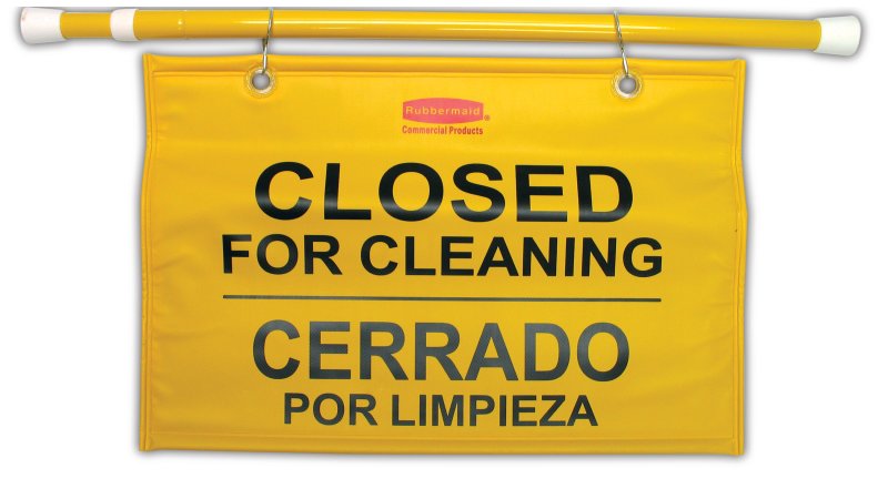 28 In - 50 In Multilingual "Closed For Cleaning" Hanging Doorway Safety Sign, 50" x 1" x 13", Multi-Lingual, Yellow