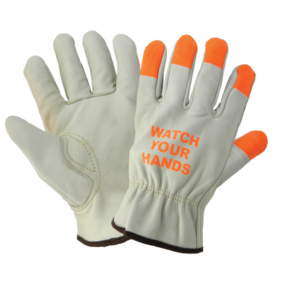 Leather Driver Style Gloves with High-Visibility Orange Fingertips