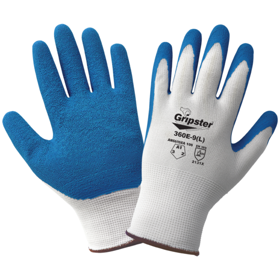 Gripster® General Purpose Cut, Abrasion, and Puncture Resistant Gloves, 13-Gauge White Polyester with a Blue Etched Rubber Coating