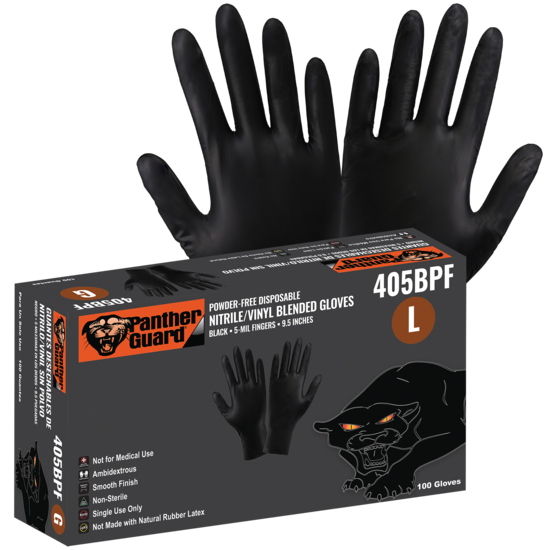 Panther-Guard® Industrial-Grade, Powder-Free, Black Nitrile/Vinyl Blended, 5-Mil, Smooth Finish, 9.5-Inch Disposable Gloves