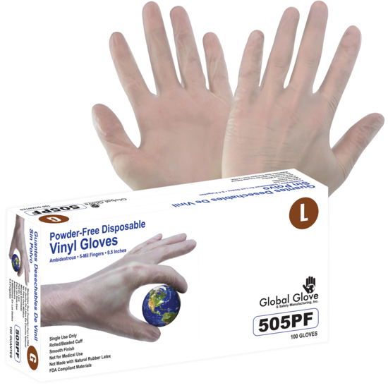 Vinyl, Powder-Free, Industrial-Grade, Clear, 5-Mil, Smooth Finish, 9.5-Inch Disposable Gloves