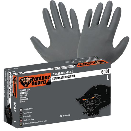 Panther-Guard® Heavyweight Nitrile, Powder-Free, Examination-Grade, Steel Gray, 6-Mil, Flock Lined, Textured Fingertips, 9.5-Inch Disposable Gloves