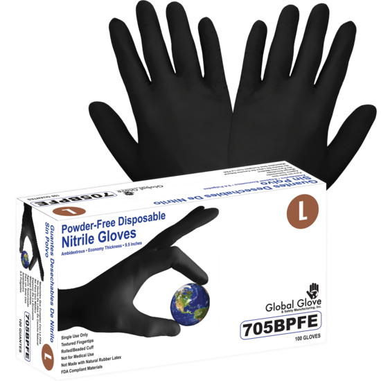 Nitrile, Powder-Free, Industrial-Grade, Black, Lightweight, 3.5-Mil, Textured Fingertips, 9.5-Inch Disposable Gloves