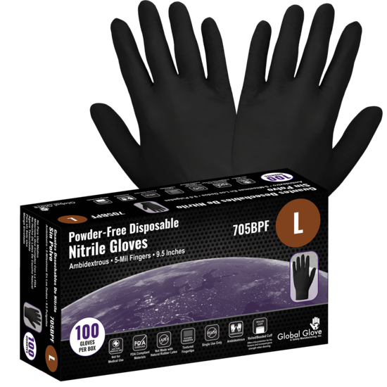 Nitrile, Powder-Free, Industrial-Grade, Black, 5-Mil, Textured Fingertips, 9.5-Inch Disposable Gloves