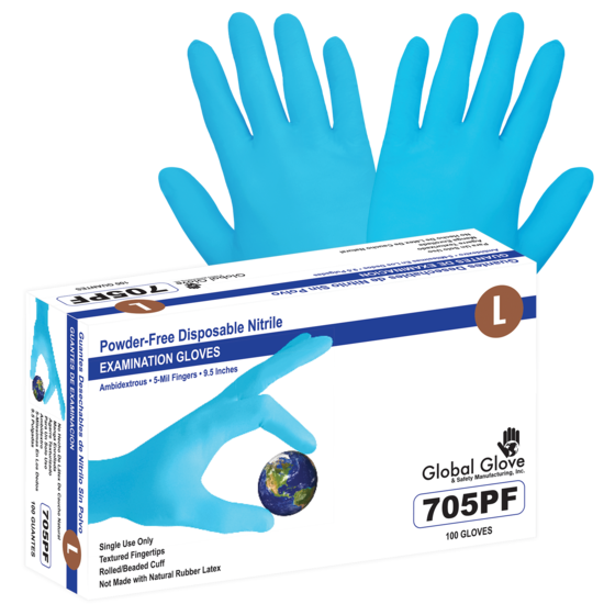 Nitrile, Powder-Free, Medical-Grade, Blue, 5-Mil, Textured Fingertips, 9.5-Inch Disposable Examination Gloves