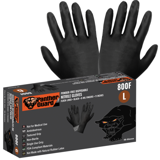 Panther-Guard® Heavyweight Nitrile, Powder-Free, Industrial-Grade, Black, 8-Mil, Flock Lined, Textured Fingertips, 11-Inch Disposable Gloves