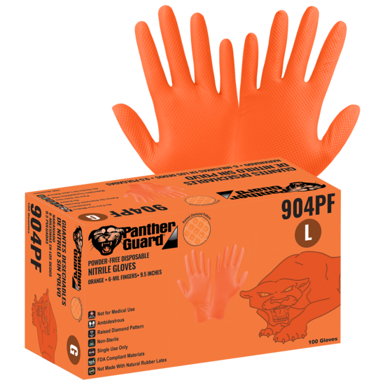 Panther-Guard® High-Visibility Orange Nitrile, Powder-Free, Industrial-Grade, Raised Diamond Pattern, 6-Mil, 9.5-Inch Disposable Gloves