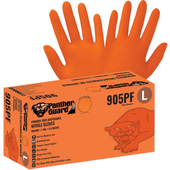 Panther-Guard® Heavyweight Nitrile, Powder-Free, Industrial-Grade, High-Visibility Orange, 7-Mil, Tractor Tread Pattern, 9.5-Inch Disposable Gloves