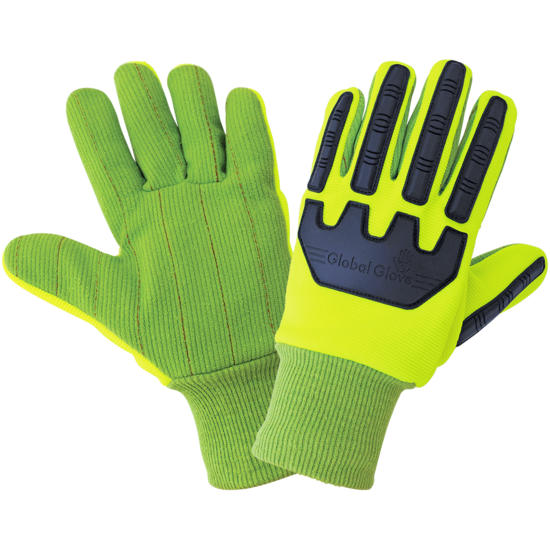 High-Visibility Yellow/Green Cotton/Polyester Corded Gloves with Impact Protection