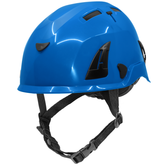 Bullhead Safety&trade; Head Protection Blue Type 2 Climbing Style Protective Helmet with Optional Venting, a Four-Point Chin Strap, and a Ratchet Suspension
