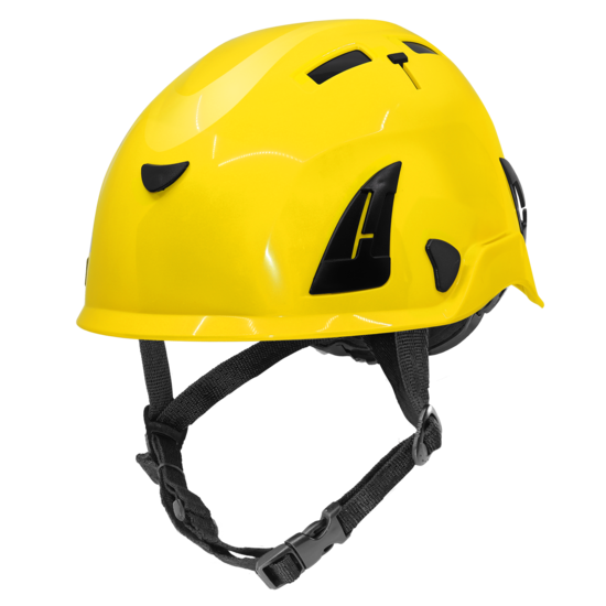 Bullhead Safety&trade; Head Protection Yellow Type 2 Climbing Style Protective Helmet with Optional Venting, a Four-Point Chin Strap, and a Ratchet Suspension