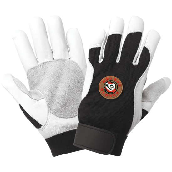 Hot Rod Gloves® Premium-Grade Grain Goatskin Leather Double Palm Mechanics Style Gloves with a Spandex Back