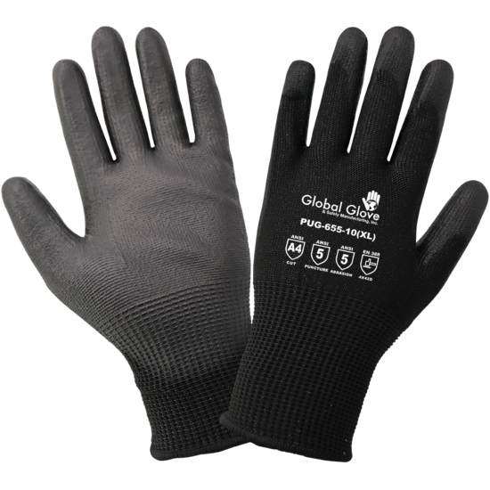 Smooth Polyurethane-Coated Black Seamless HPPE Cut, Abrasion, and Puncture Resistant Gloves